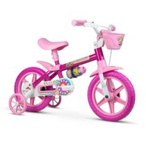 Bicicleta infantil Fem. Flowers Rosa- NATHOR - Aro 12 - bike p/ + 3 anos,c/ rodinhas de segurança e garrafinha de água