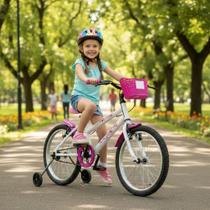 Bicicleta infantil Feminina Aro 20 com Rodinha de Apoio criança de 5 a 8 anos - Branco/Pink