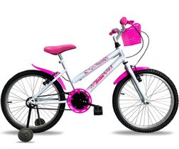 Bicicleta infantil Feminina Aro 20 com Rodinha de Apoio criança de 5 a 8 anos - Branco/Pink
