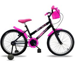 Bicicleta infantil Feminina Aro 20 com Rodinha de Apoio criança de 5 a 8 anos - Preto/Rosa