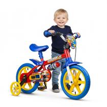 Bicicleta Infantil Masc. FIREMAN - Aro 12 - NATHOR - Verm.Amarelo/Azul +3 anos C/ rodinhas de Segurança e Garrafinha