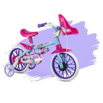 Bicicleta Infantil Menina 2 A 4 Anos Aro 12 Barbie Nathor com rodinhas de treinamento e cadeirinha para boneca e garrafinha de agua