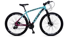 Bicicleta mountain bike aro 29 off firefly 24 marchas azul rosa tam.17