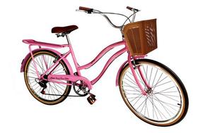Bicicleta Retrô Aro 26 Bagageiro 6v Com Cesta Plástica Rosa