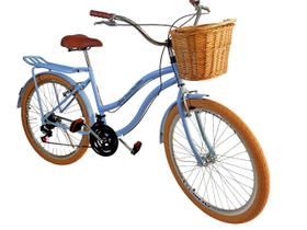 Bicicleta retrô aro 26 com cesta vime 18v bagageiro Azul BB