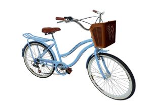 Bicicleta retrô passeio aro 26 bagageiro 6v Cesta plást azul