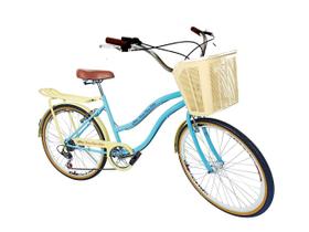 Bicicleta retrô passeio aro 26 cesta plast 6v bagageiro azul