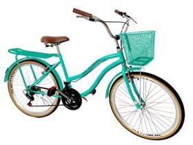 Bicicleta retrô urbana aro 26 cesta 18v bagageiro verde