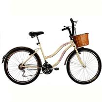 Bicicleta Retrô Vintage Aro 26 18v Feminina Beach Bege com Cestinha