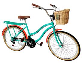 Bicicleta urbano retrô aro 26 cesta vime 18v bagageiro verde