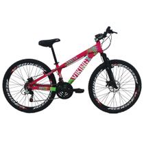 Bicicleta Viking X TUFF25 Freeride Aro 26 Freio a Disco 21 Velocidades Cambios Shimano Rosa Verde Vikingx