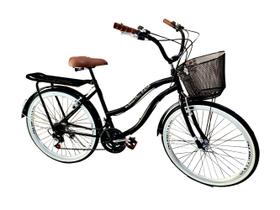 Bicicleta vintage passeio aro 26 cesta 18v bagageiro preto