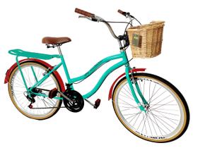 Bicicleta vintage retrô aro 26 cesta vime 18v bagageiro verde