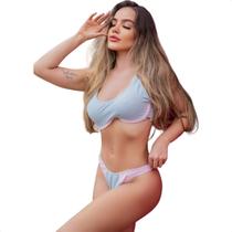 Biquíni Aro Inteiro Calcinha Bojo Top Resort Luxo Canelado Praia Feminino Sem Banho Suita Asa Delta Moda Forrado Sustentação