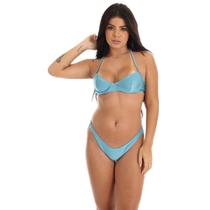 Biquíni Azul Meia Taça Fristyle Retro Amarração Calcinha Tanga