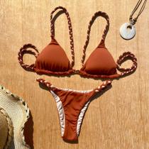 Biquíni Cor Terra Egípcia com Bege Cortininha Dupla Face com Bojo maleável Fio Dental