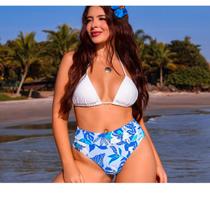 Biquini Cortininha C/ Calcinha Hot Paint Cós Alto Fio Duplo , Branco/ Floral Azul Bco Biquini Cortininha C/ Calcinha Hot Paint Cós Alto Fio Duplo , Branco/ Floral Azul Bco