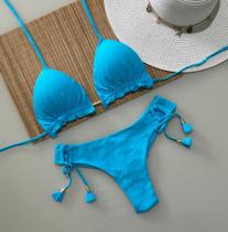 Biquini Cortininha Com Calcinha Fio Duplo, Azul Piscina