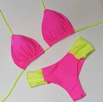 Biquini Cortininha Com Calcinha Fio Duplo Borboleta, Rosa c/ Amarelo Biquini Cortininha Com Calcinha Fio Duplo Borboleta, Rosa c/ Amarelo