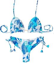 Biquini Cortininha Com Calcinha Fio Duplo, Floral Azul/Bco Biquini Cortininha Com Calcinha Fio Duplo, Floral Azul/Bco