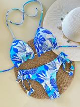 Biquini Cortininha com Calcinha Fio Duplo Floral Azul/Branco Biquini Cortininha com Calcinha Fio Duplo Floral Azul/Branco