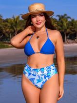 Biquini Cortininha Com Calcinha Fio Duplo Hot Paint cós Alto, Azul Royal/ Floral Azul Branco Biquini Cortininha Com Calcinha Fio Duplo Hot Paint cós Alto, Azul Royal/ Floral Azul Branco