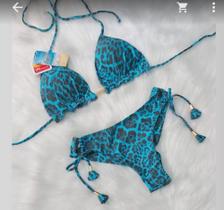 Biquini Cortininha Com Calcinha Fio Duplo, Oncinha Azul