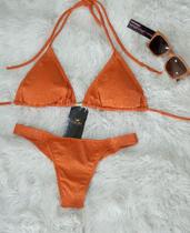 biquíni cortininha laranja de lurex com detalhe canelado e brilho