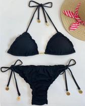 Biquíni cortininha preto com calcinha empina bumbum e bojo removível