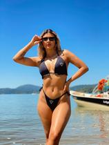Biquíni Cortininha Preto com Estampa Refletiva Moda Praia Feminina