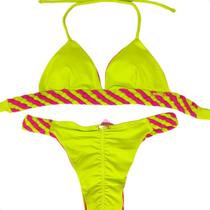 Biquini Cortininha Trança Levanta Bumbum Bojo Moda Praia Top Feminino Fio Dental Neon