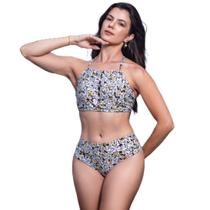 Biquini Cropped Estampa Margarida Top Bojo de Amarrar Costas Pescoço Calcinha Hot Pants Poliamida Biquini Cropped Estampa Margarida Top Bojo de Amarrar Costas Pescoço Calcinha Hot Pants Poliamida