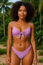 Biquíni Cropped Estampado Floral com Laço e Calcinha Fechada Lilás