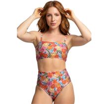 Biquíni Cropped Hot Pants Top Faixa Estampado Bella Fiore Cintura Alta Para Verão Praia Confortavel Tamanho:MCor:RosaG
