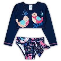 Biquíni cropped manga longa azul marinho passarinhos Tip Top UV50+ Biquíni cropped manga longa azul marinho passarinhos Tip Top UV50+