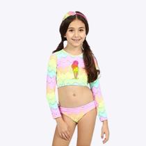 Biquíni Cropped Manga Longa e Calcinha Sorvete Infantil Menina Moda Praia Siri Kids 39181