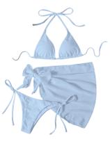Biquíni de banho feminino WDIRARA, triangular, azul frente única, com capa Biquíni de banho feminino WDIRARA, triangular, azul frente única, com capa