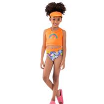 Biquini Dupla Face Menina BGR em Malha Splash Laranja Neon e Azul Biquini Dupla Face Menina BGR em Malha Splash Laranja Neon e Azul
