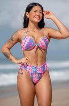 Biquíni Feminino Biquíni Moda Praia Biquíni Alice Cintura Alta Efeito Lipo com Bojo Meia Taça Geométrico Vibes