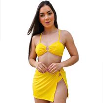 Biquíni Feminino Canelado Saía Transparente Calcinha Asa Delta Sutiã Com Bojo removível Moda Praia