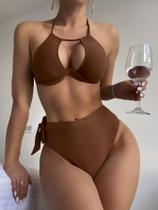 Biquíni feminino com traje de natação sexy marrom escuro dividido