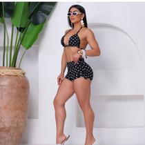Biquíni Feminino Cortininha e Short Cós Alto Estampa de Poá