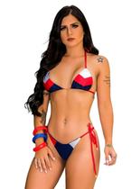 Biquíni Feminino Cortininha Geométrico Com Bojo Calcinha Fio Dental Dupla Face e Amarra Lateral Biquíni Feminino Cortininha Geométrico Com Bojo Calcinha Fio Dental Dupla Face e Amarra Lateral