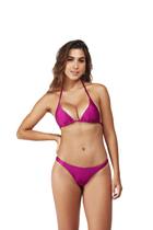 Biquini feminino cortininha levo macramê top triângulo com bojo removível, calcinha fio com detalhe macramê, zero transparência