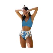 Biquini Feminino Floral com Decote V, Amarração nas Costas e Cintura Alta