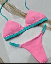 Biquini Feminino Na Cor Rosa bebê Com Verde Água Fio Dental Bojo Removivel TAM P