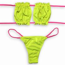 Biquíni Feminino Semi Fio Dental Fita Cortininha Amarelo Rosa Neon Tendência