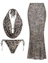 Biquíni feminino ZAFUL, 3 peças, floral, frente única, marrom, S
