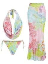 Biquíni feminino ZAFUL, 3 peças, floral, frente única, verde M Biquíni feminino ZAFUL, 3 peças, floral, frente única, verde M