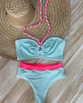Biquíni hot pant verde Água com detalhes Rosa neon